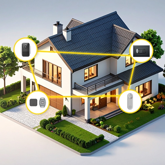 An image of a 3D home showing how different Yale Smart Products can work together