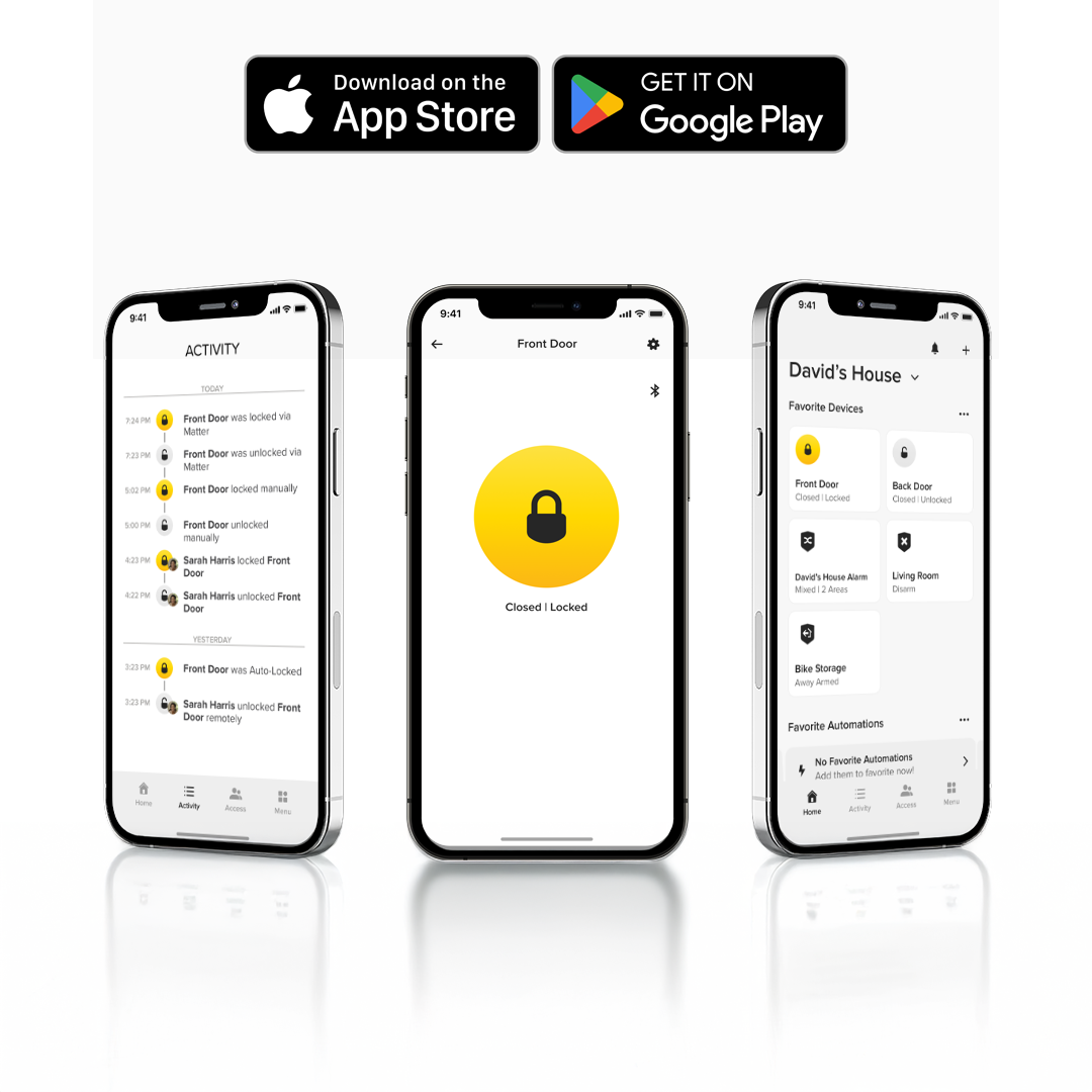Three Smartphones showing different Yale Home app screens
