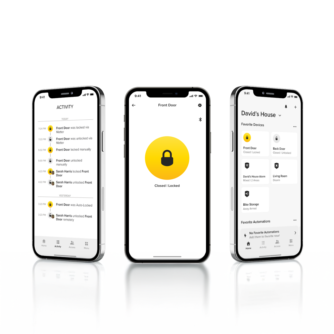 Three Smartphones showing different Yale Home app screens