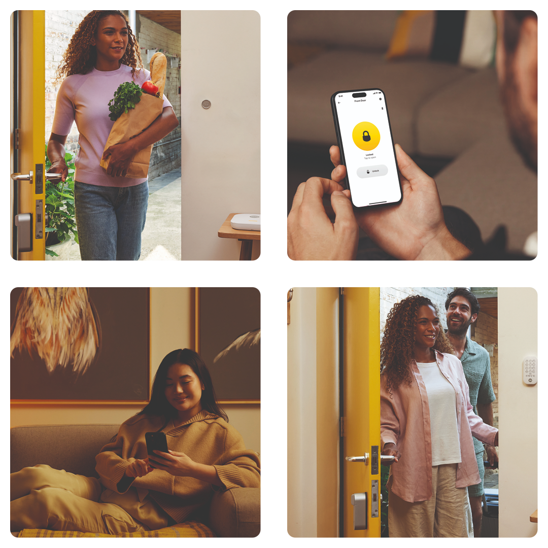 Illustration of Yale smart devices showing features like auto-lock and unlock, remote control via smartphone, self-monitoring, and guest access, all included at no extra cost.